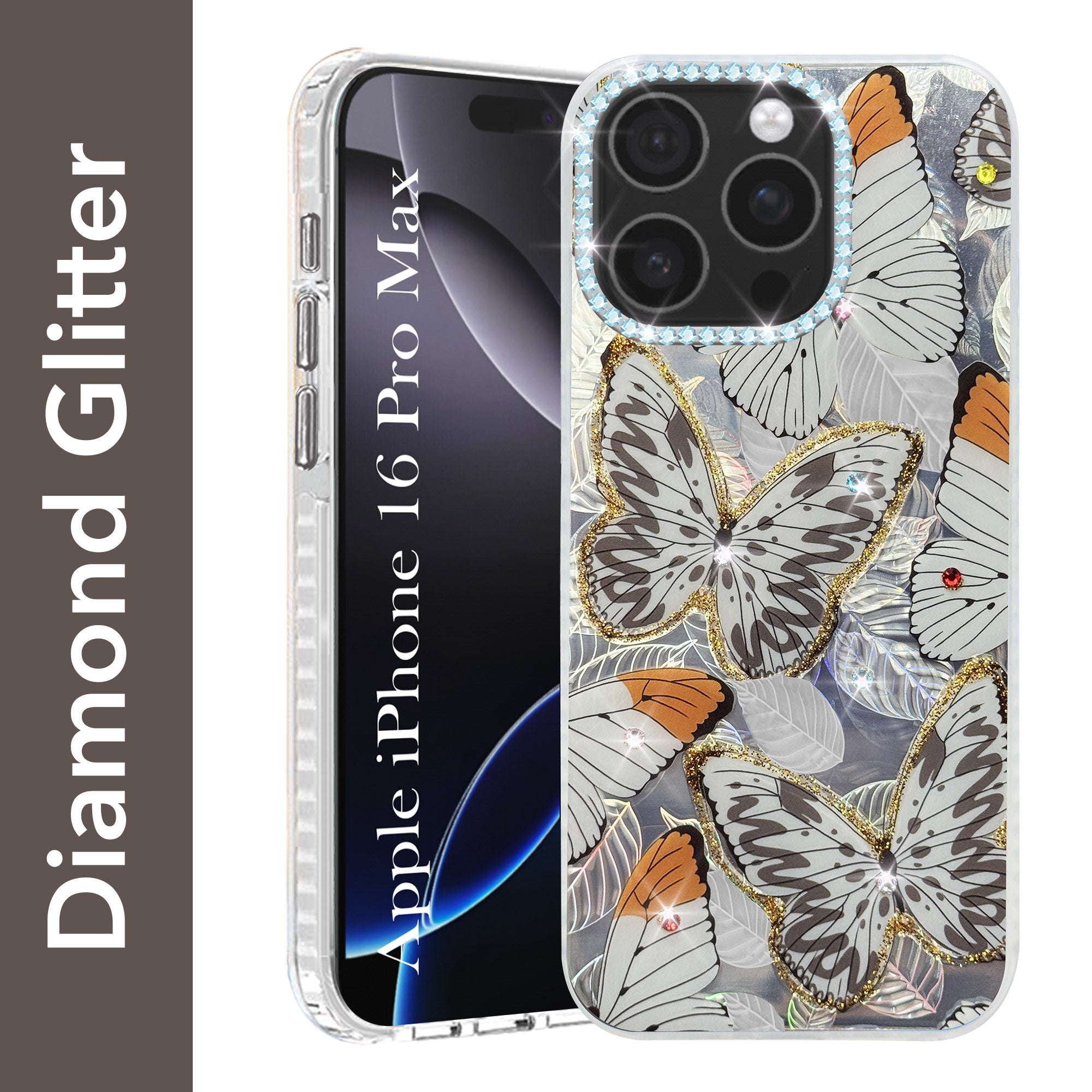 For iPhone 16 Pro Max Back Cover Case (Luxury Floral Glitter Cute Butterfly | Diamond Studded Camera Bump | Girls & Women Design)