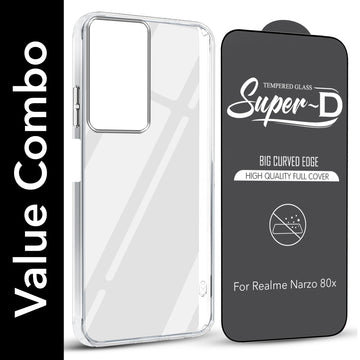 For Realme Narzo 80x Combo with Back Cover and 9H Tempered Glass (Lifetime Anti-Yellow | Sleek Hard Crystal | Oleophobic Coating Screen Glass)