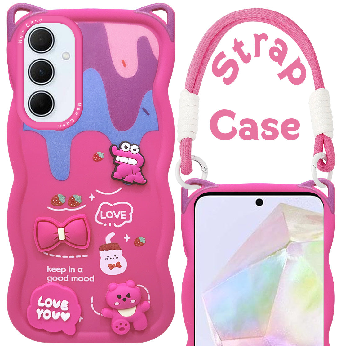 For Samsung Galaxy A35 5G Back Case Cover Strap (3D embossed Figures | Strap Holder | 360* Soft Cushion with Camera Bump)