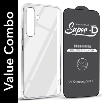 For Samsung Galaxy S24 FE Combo with Back Cover and 9H Tempered Glass (Lifetime Anti-Yellow | Sleek Hard Crystal | Oleophobic Coating Screen Glass)