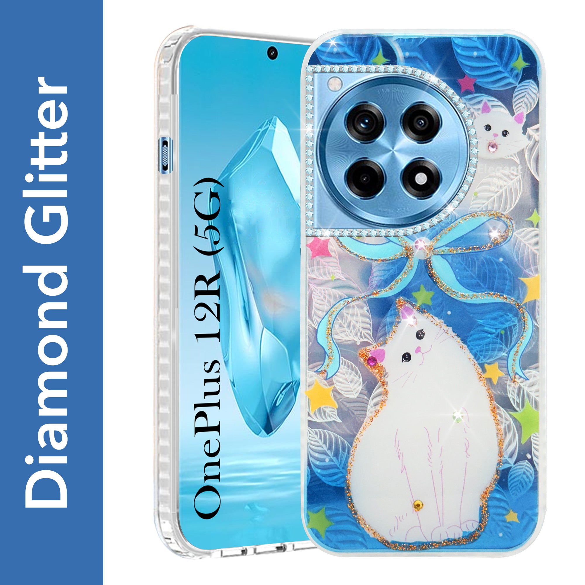 For OnePlus 12R 5G Back Cover Case (Luxury Floral Glitter Cute Butterfly | Diamond Studded Camera Bump | Girls & Women Design)