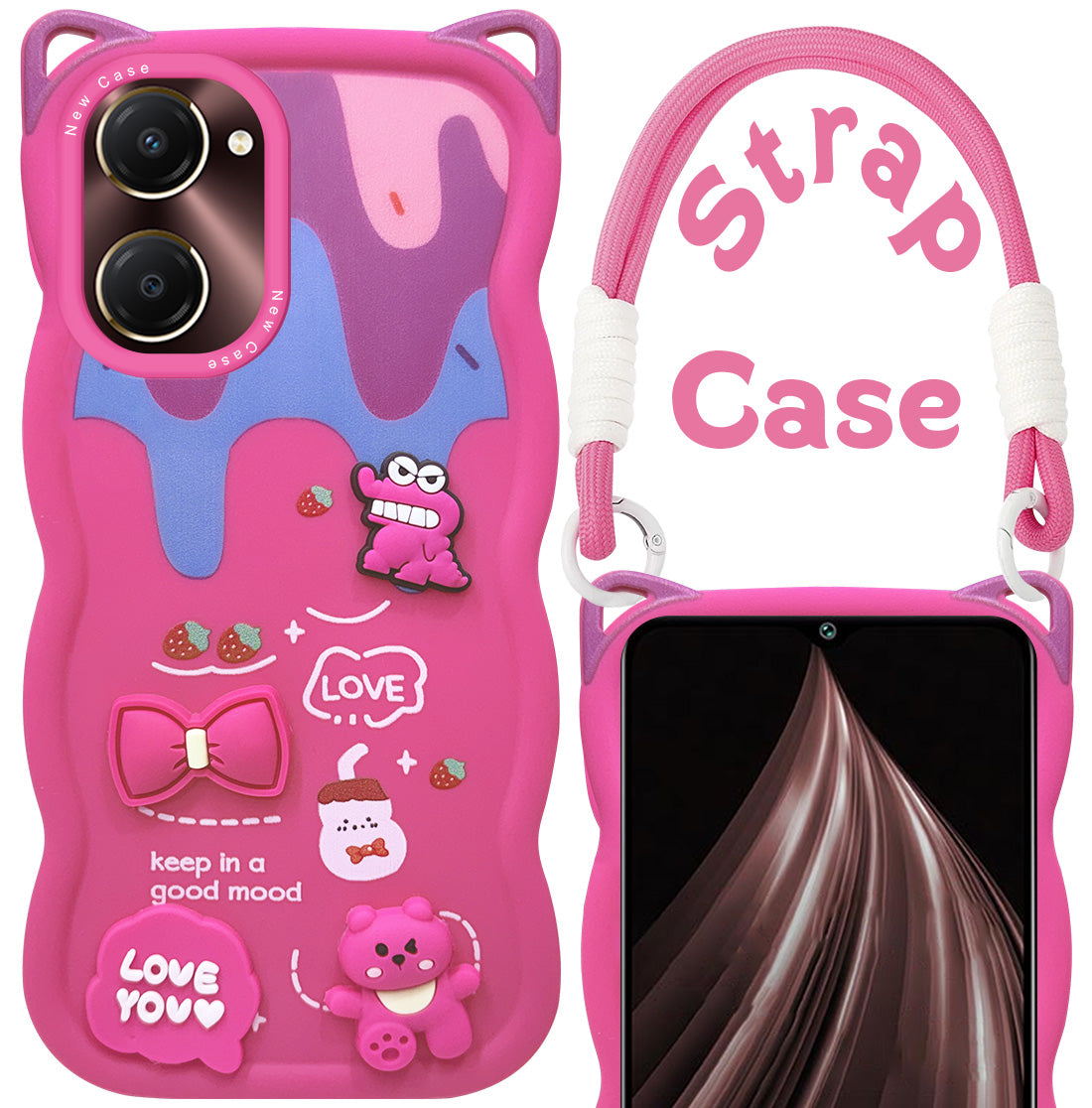 For Vivo iQOO Z9 Lite Back Case Cover Strap (3D embossed Figures | Strap Holder | 360* Soft Cushion with Camera Bump)