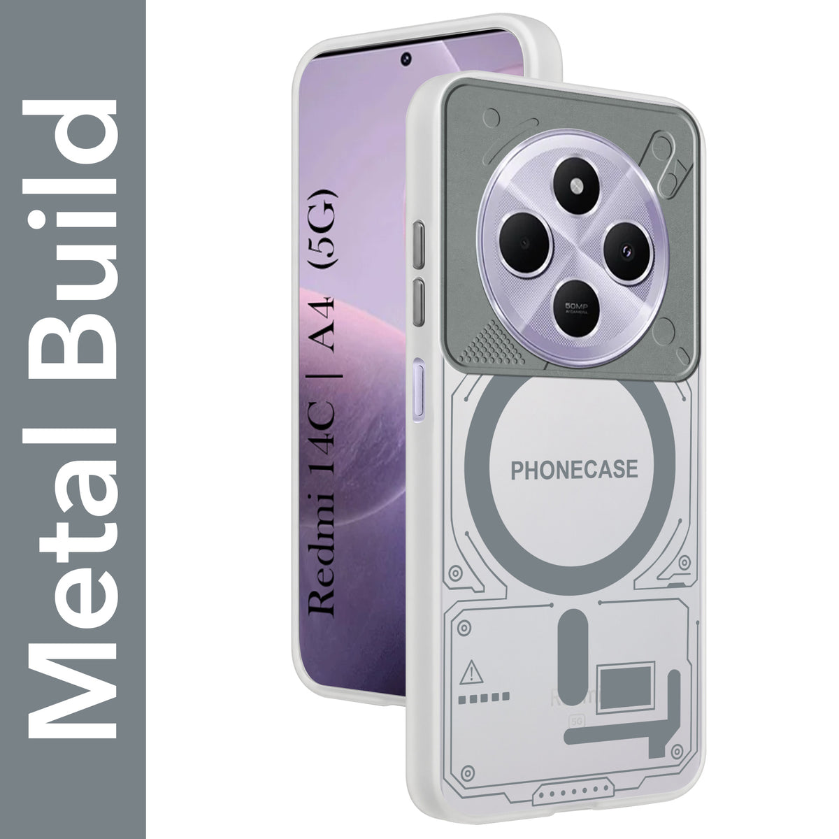 For Redmi A4 5G | Xiaomi Redmi 14C Metallic Back Cover Case (Metallic Camera Protection & Buttons | Translucent Milky Shade | Hard Polycarbonate)