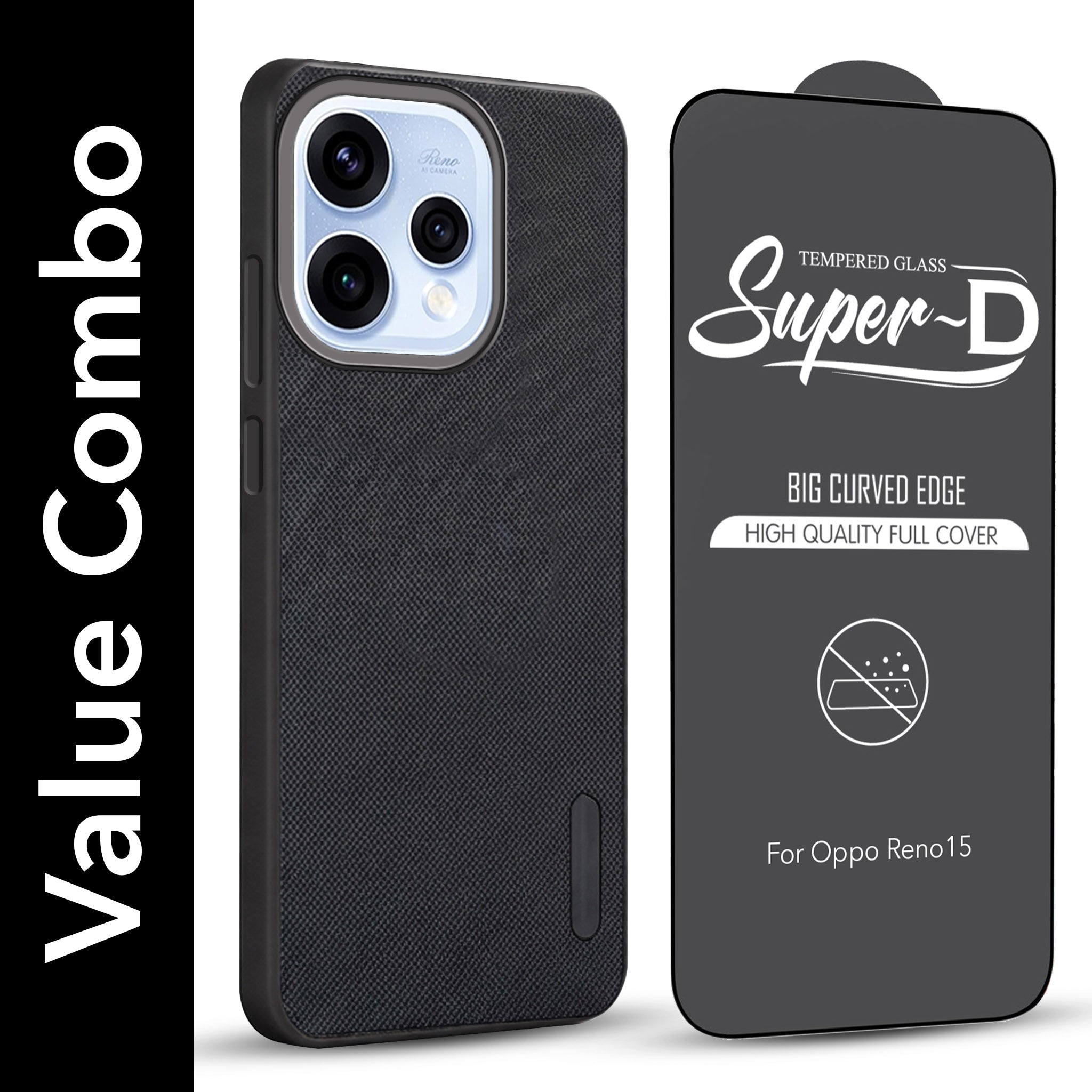 For Oppo Reno15 5G | Oppo Reno 15 5G Combo with Back Cover and 9H Tempered Glass (Textured Grip Design | Micro-Fiber Cloth Inside | Oleophobic Coating Screen Glass)