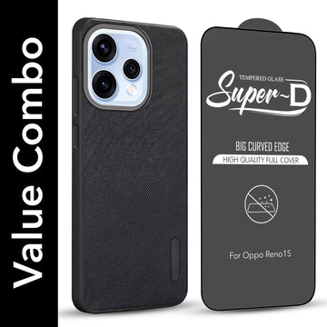 For Oppo Reno15 5G | Oppo Reno 15 5G Combo with Back Cover and 9H Tempered Glass (Textured Grip Design | Micro-Fiber Cloth Inside | Oleophobic Coating Screen Glass)