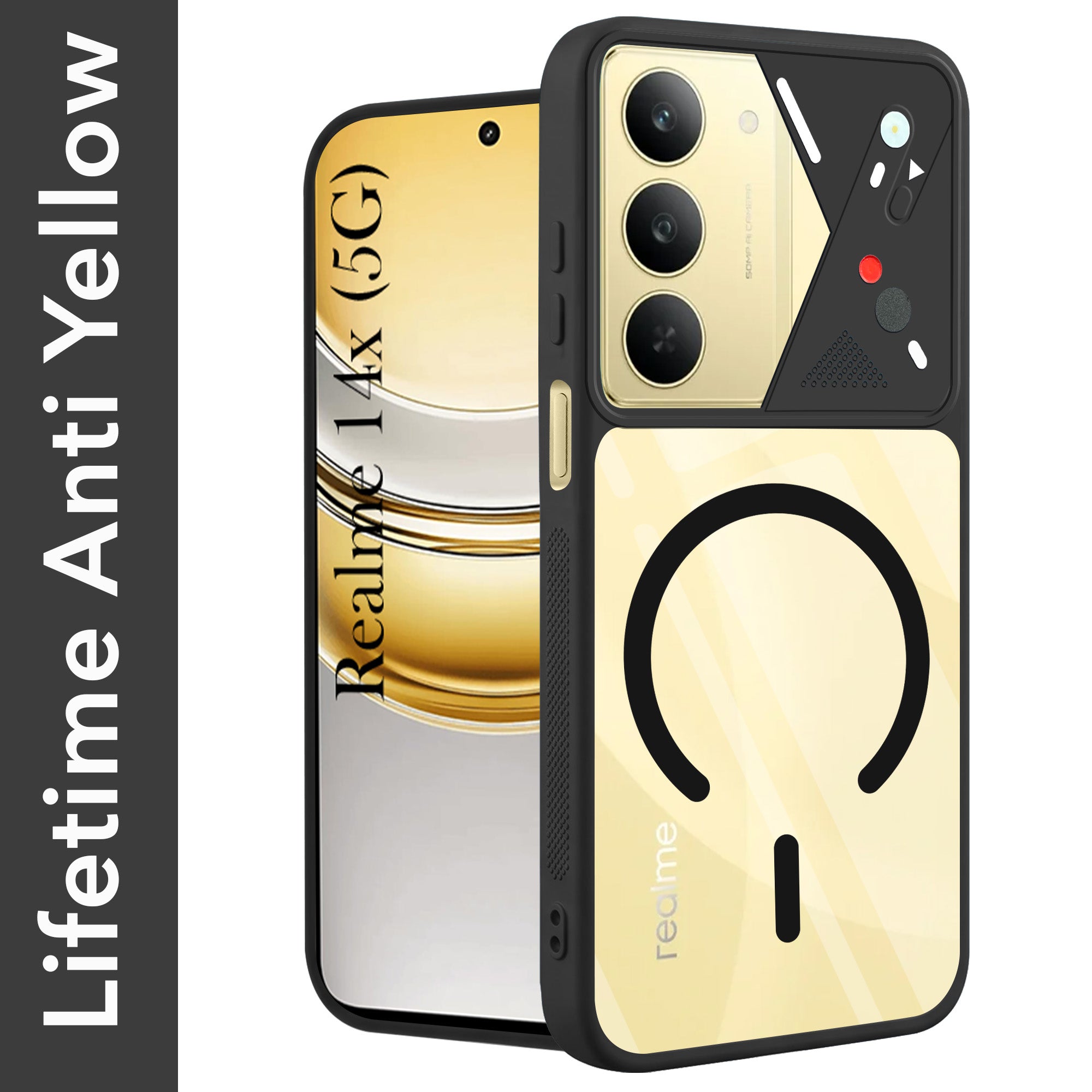 For Realme 14X Back Cover Case Lifetime Anti-Yellow Clear (Camera Protection | Side Grip | Wireless MagSafe Compatible)