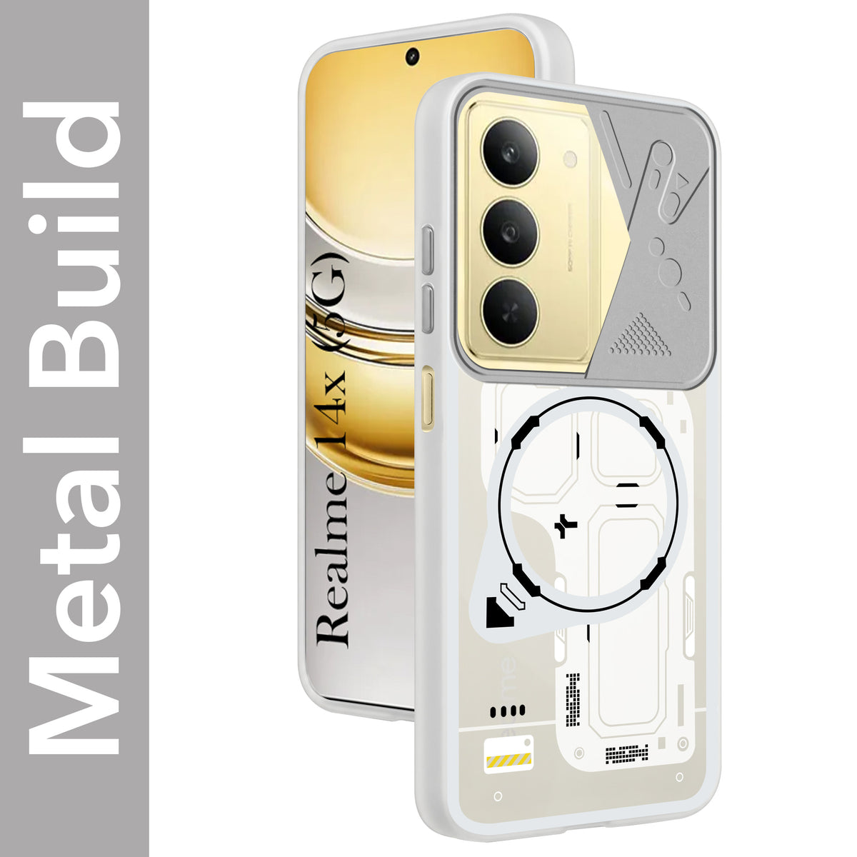 For Realme 14X Metallic Back Cover Case (Metallic Camera Protection & Buttons | Translucent Milky Shade | Hard Polycarbonate)
