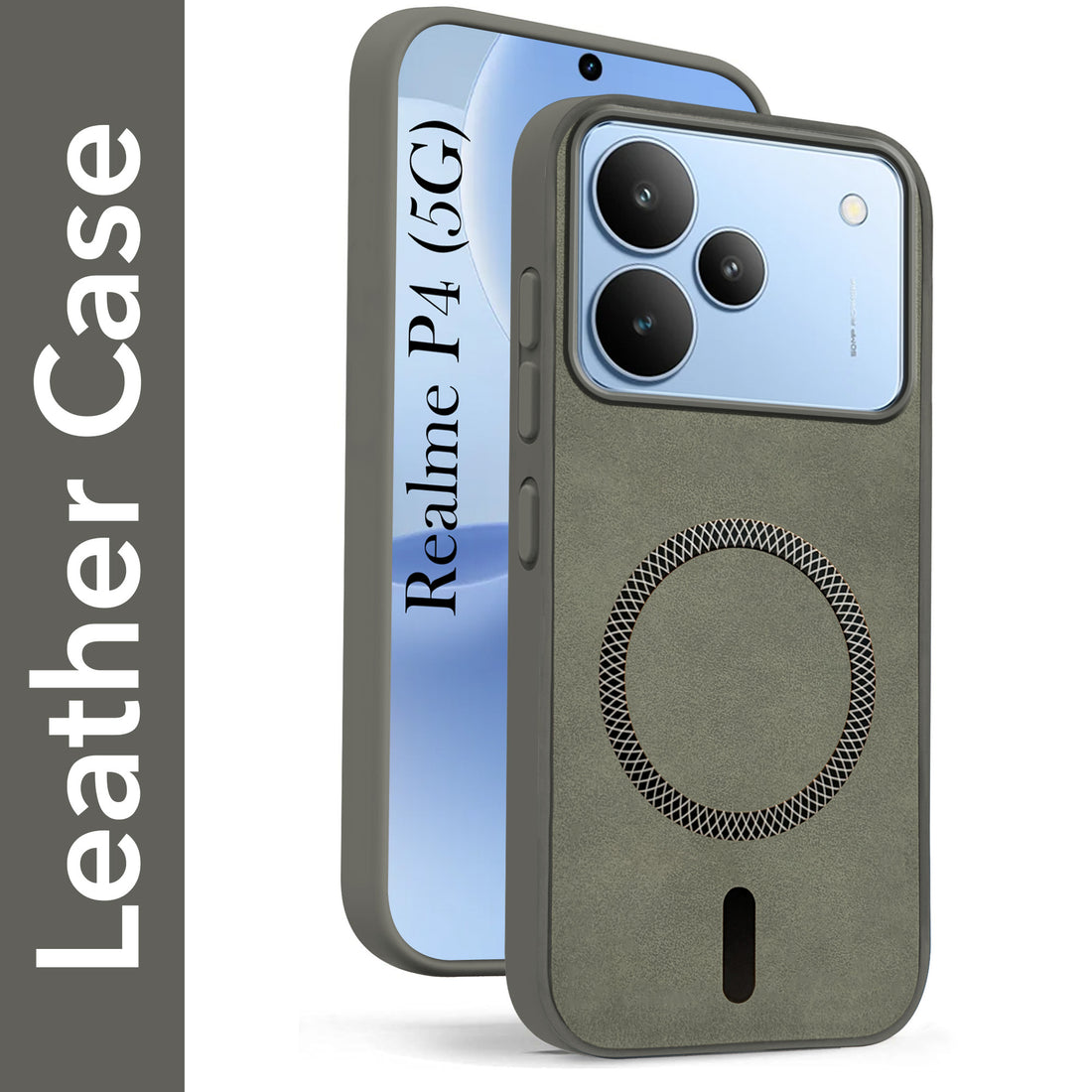 For Realme P4 Back Cover Case Leather Finish (MagSafe Compatible Wireless Charging | Soft Touch | Camera Bump Protection)