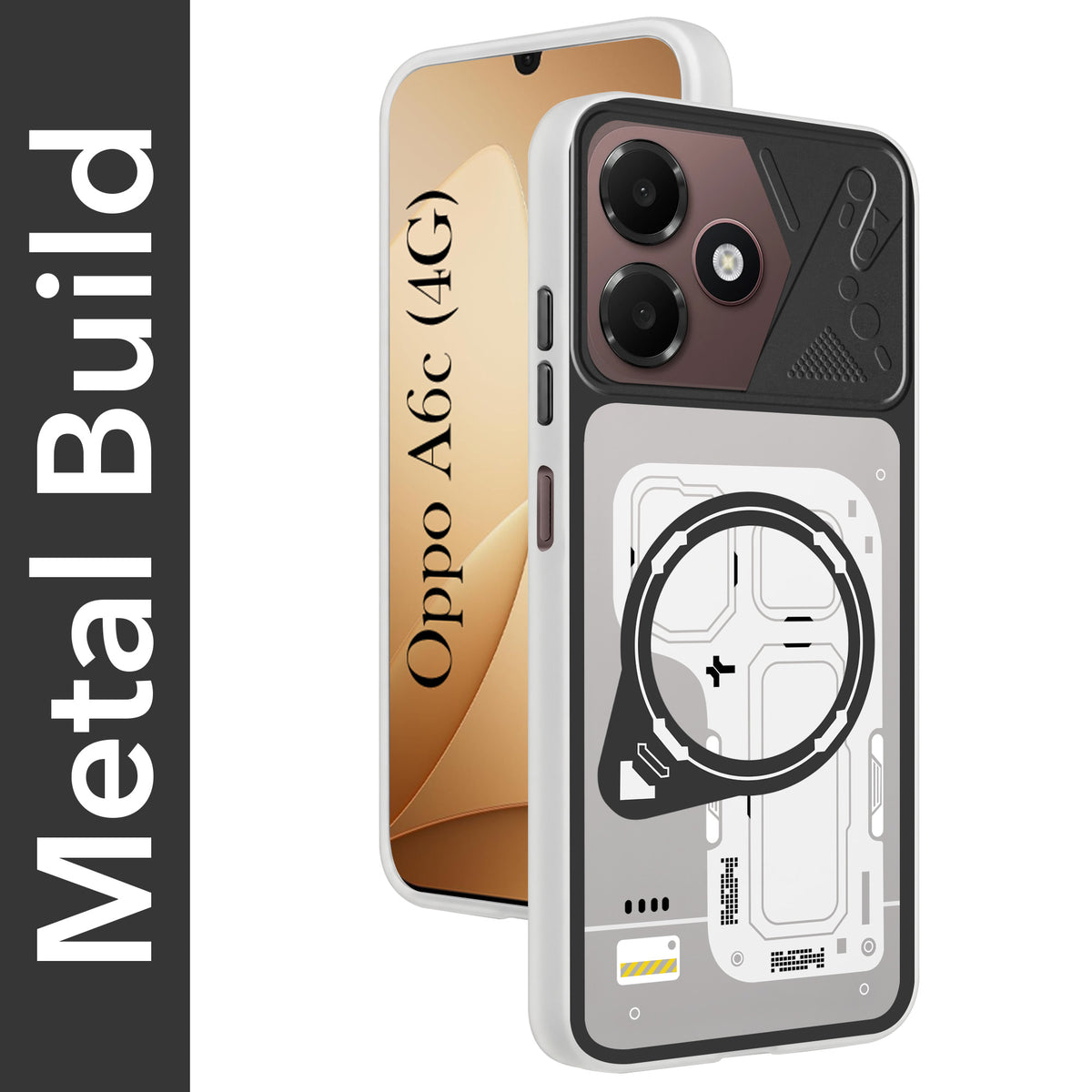 For Oppo A6c 4G Metallic Back Cover Case (Metallic Camera Protection & Buttons | Translucent Milky Shade | Hard Polycarbonate)