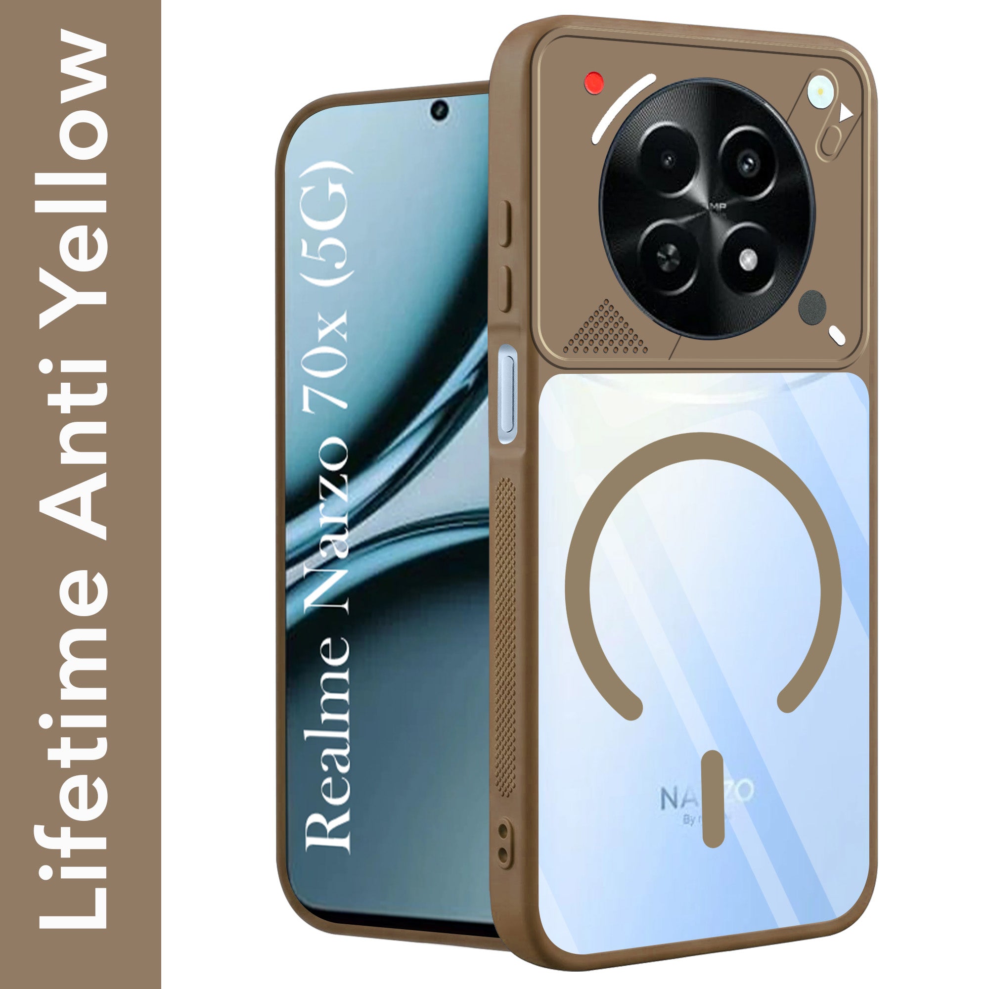 For Realme Narzo 70x 5G Back Cover Case Lifetime Anti-Yellow Clear (Camera Protection | Side Grip | Wireless MagSafe Compatible)