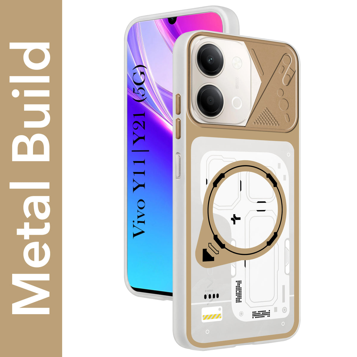 For Vivo Y11 | Vivo Y21 5G Metallic Back Cover Case (Metallic Camera Protection & Buttons | Translucent Milky Shade | Hard Polycarbonate)