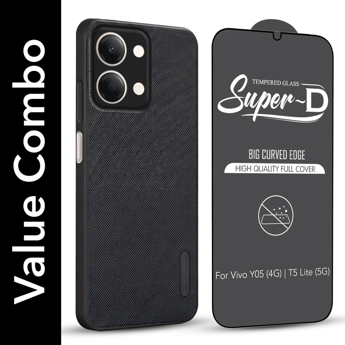 For Vivo Y05 (4G) | Vivo T5 Lite (5G)  Combo (Textured Grip Design | Micro-Fiber Cloth Inside | Oleophobic Coating Screen Glass)