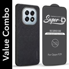 For Oppo F29 Combo with Back Cover and 9H Tempered Glass (Textured Grip Design | Micro-Fiber Cloth Inside | Oleophobic Coating Screen Glass)