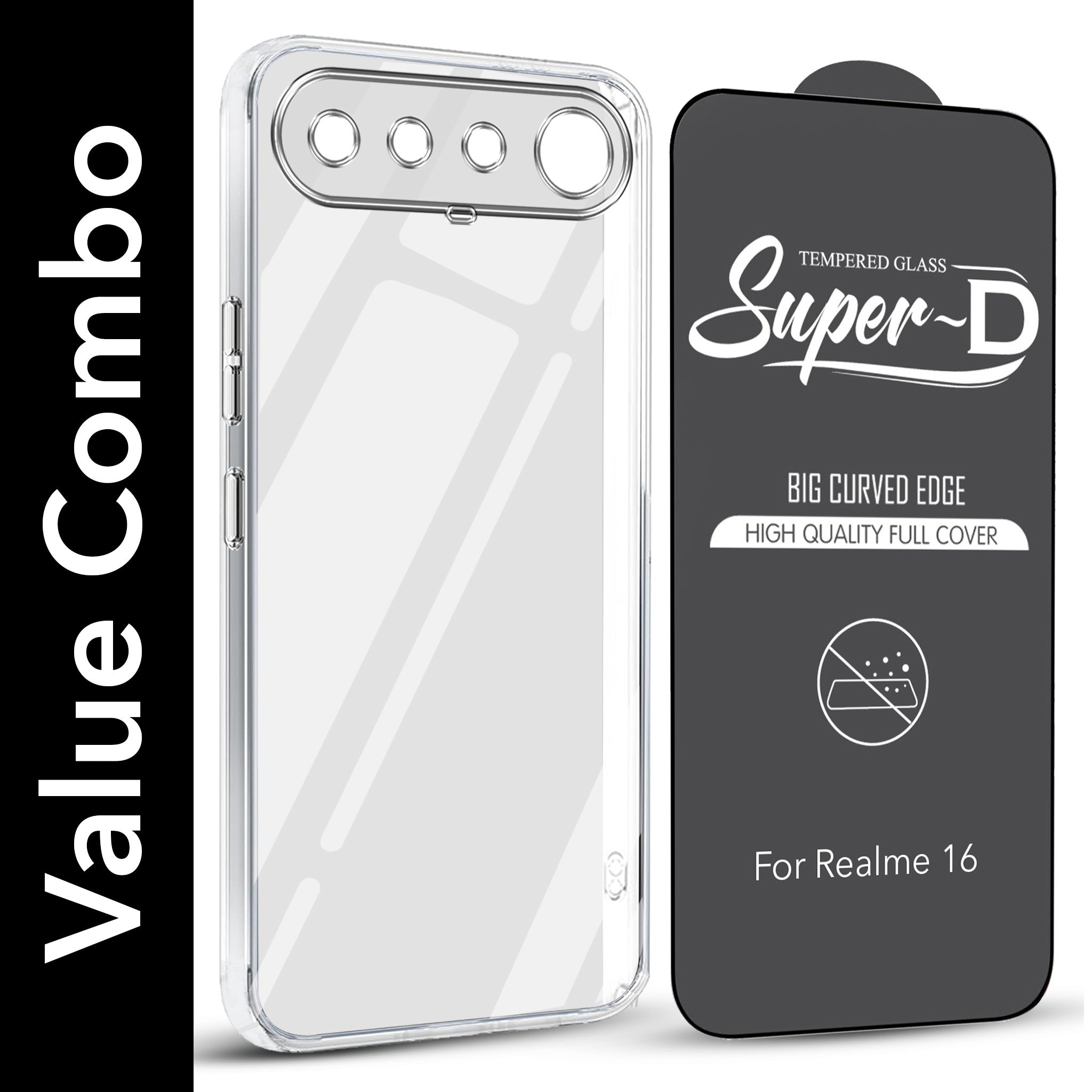 For Realme 16 Combo with Back Cover and 9H Tempered Glass (Lifetime Anti-Yellow | Sleek Hard Crystal | Oleophobic Coating Screen Glass)