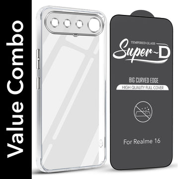 For Realme 16 Combo with Back Cover and 9H Tempered Glass (Lifetime Anti-Yellow | Sleek Hard Crystal | Oleophobic Coating Screen Glass)