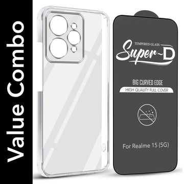 For Realme 15 Combo with Back Cover and 9H Tempered Glass (Lifetime Anti-Yellow | Sleek Hard Crystal | Oleophobic Coating Screen Glass)