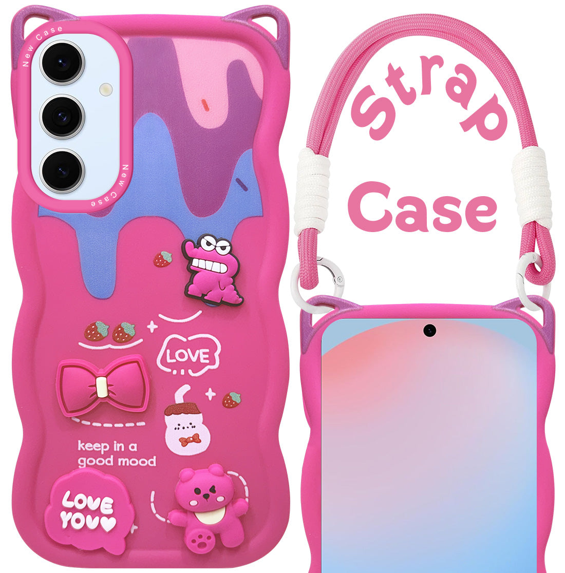 For Samsung Galaxy S24 FE Back Case Cover Strap (3D embossed Figures | Strap Holder | 360* Soft Cushion with Camera Bump)