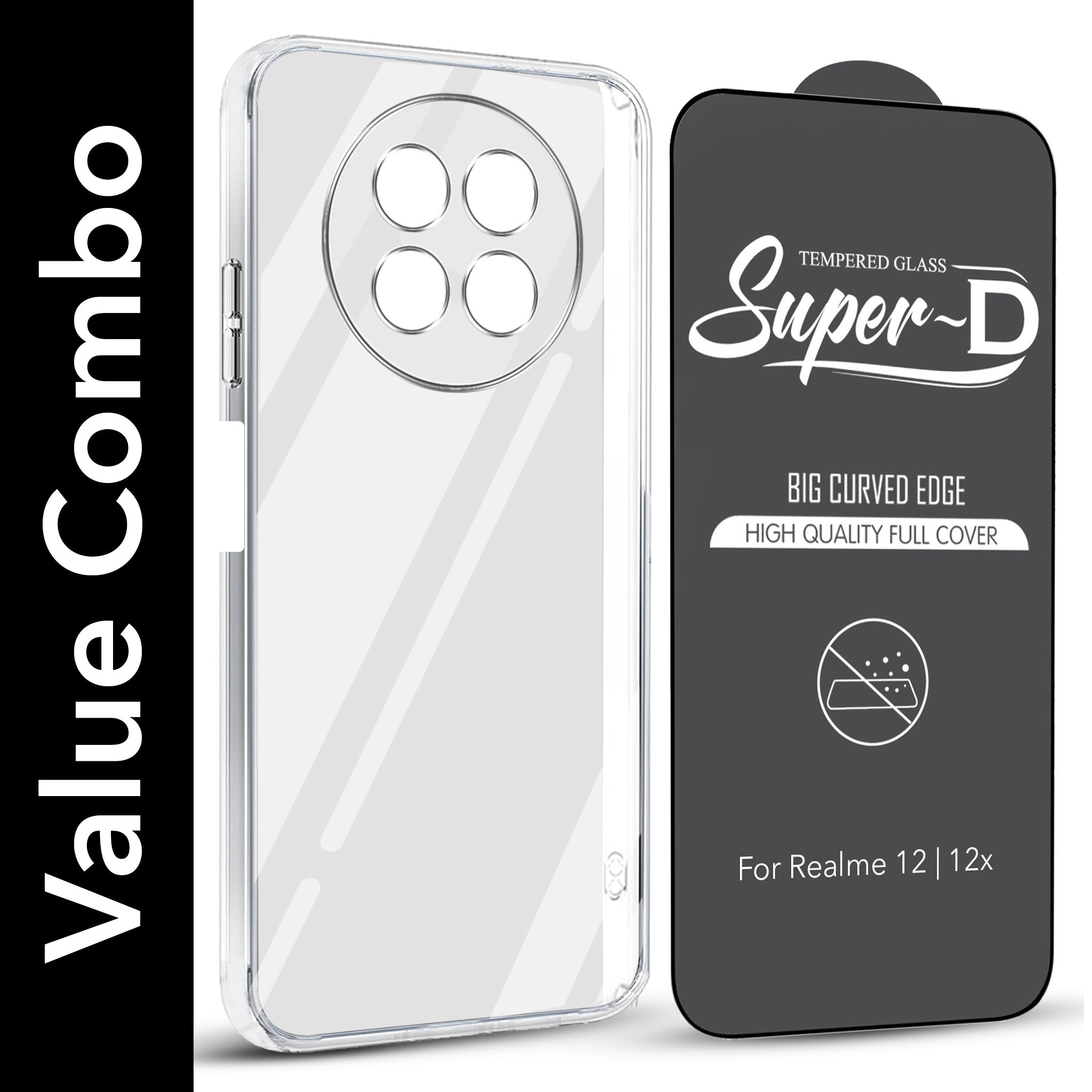 For Realme 12 | Realme 12X Combo with Back Cover and 9H Tempered Glass (Lifetime Anti-Yellow | Sleek Hard Crystal | Oleophobic Coating Screen Glass)