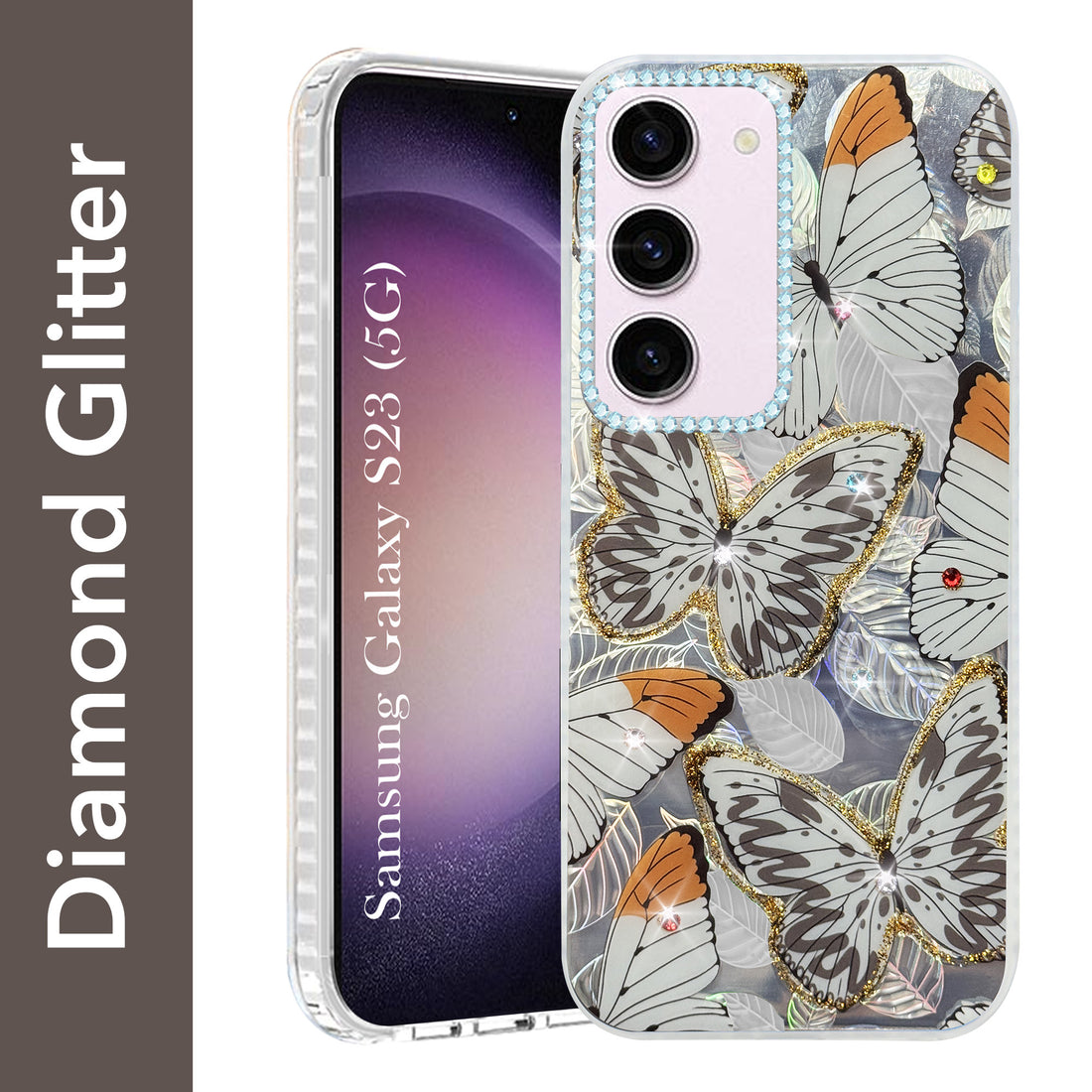 For Samsung Galaxy S23 5G Back Cover Case (Luxury Floral Glitter Cute Butterfly | Diamond Studded Camera Bump | Girls & Women Design)