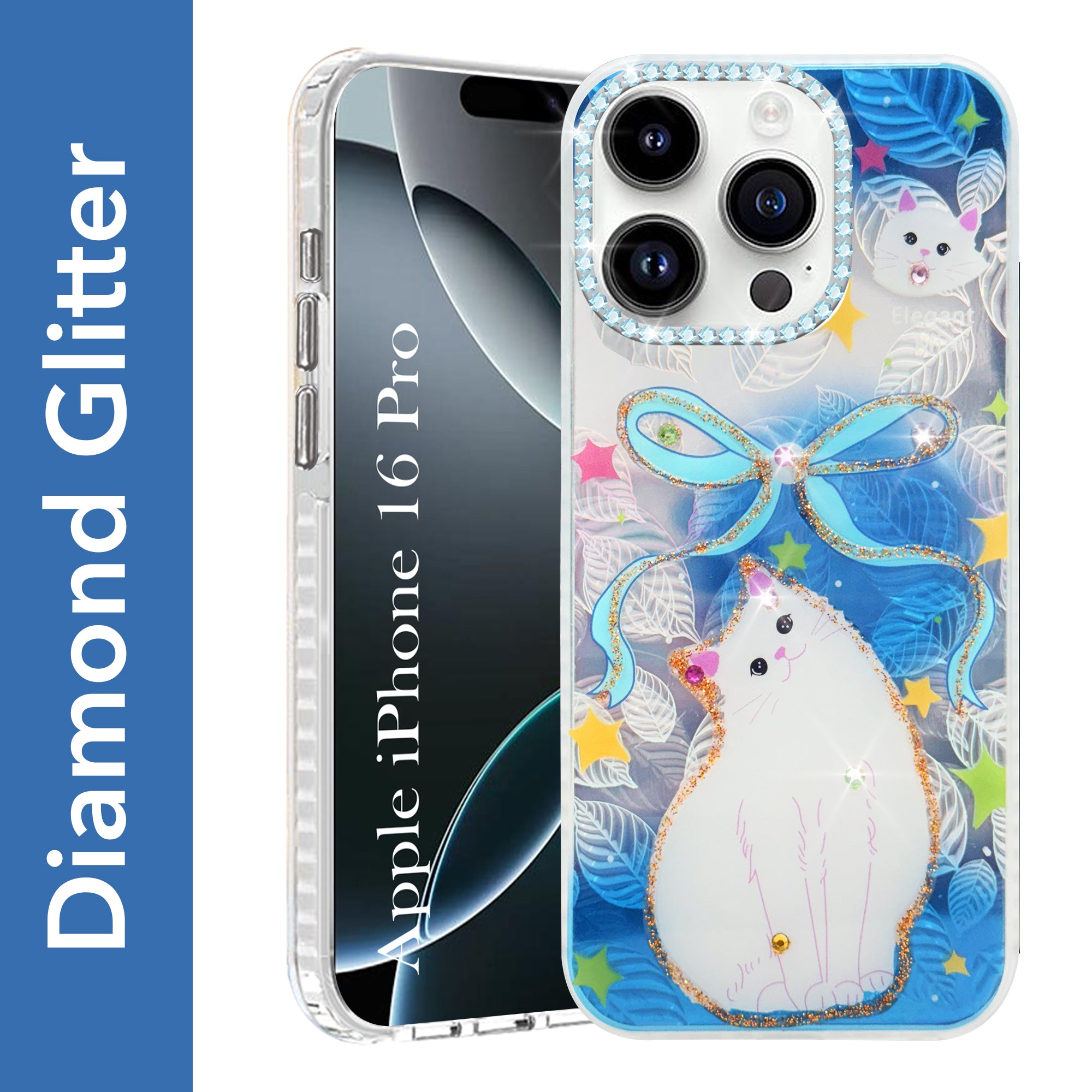 For Apple iPhone 16 Pro Back Cover Case (Luxury Floral Glitter Cute Butterfly | Diamond Studded Camera Bump | Girls & Women Design)