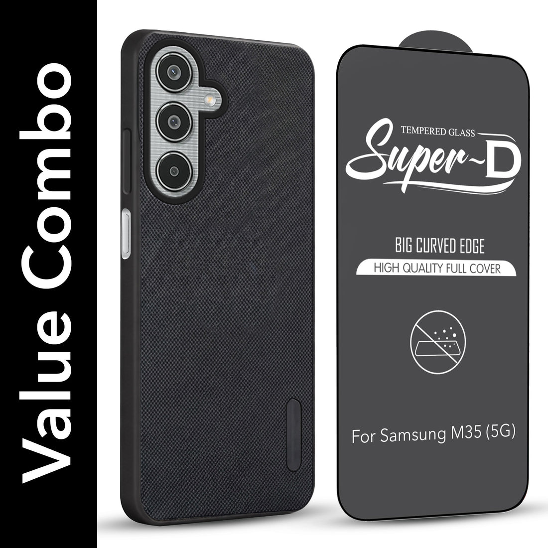 For Samsung Galaxy M35 5G Combo with Back Cover and 9H Tempered Glass (Textured Grip Design | Micro-Fiber Cloth Inside | Oleophobic Coating Screen Glass)