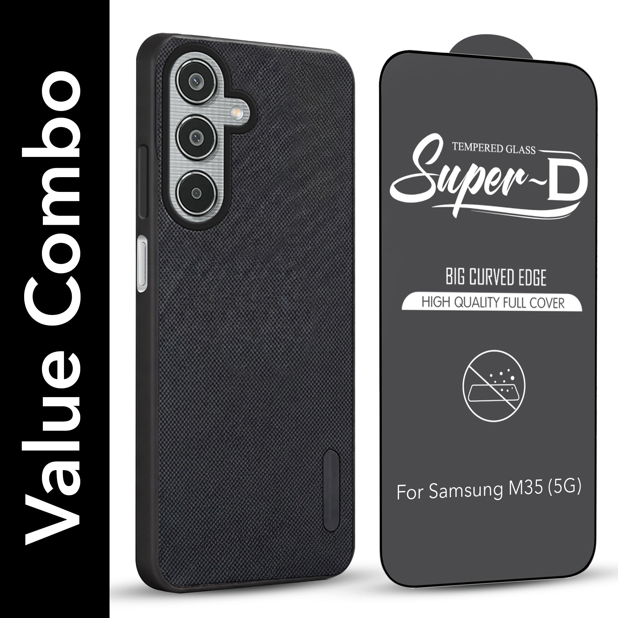 For Samsung Galaxy M35 5G Combo with Back Cover and 9H Tempered Glass (Textured Grip Design | Micro-Fiber Cloth Inside | Oleophobic Coating Screen Glass)