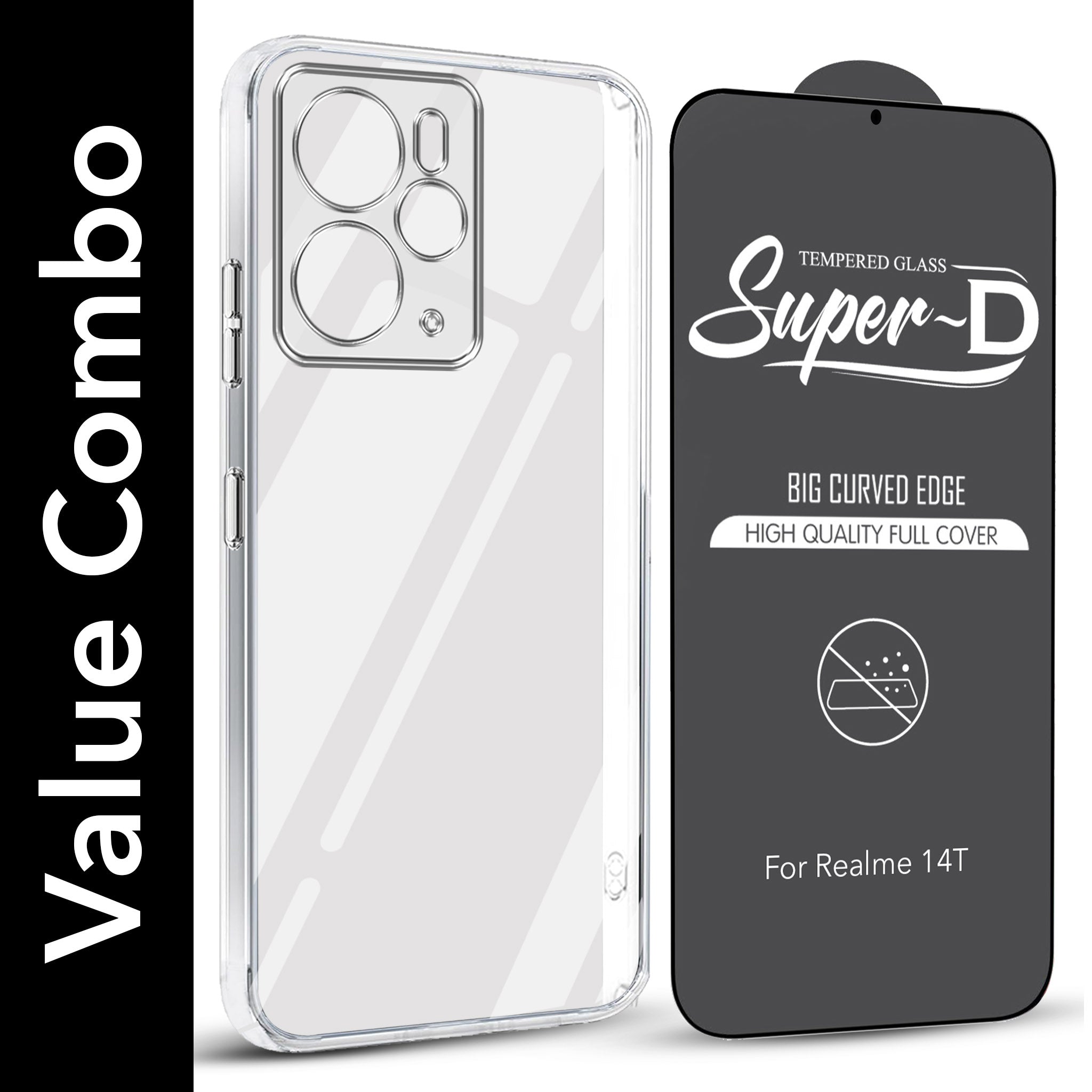 For Realme 14T Combo with Back Cover and 9H Tempered Glass (Lifetime Anti-Yellow | Sleek Hard Crystal | Oleophobic Coating Screen Glass)
