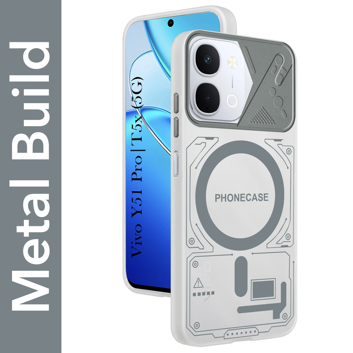 For Vivo Y51 Pro 5G | Vivo T5x Metallic Back Cover Case (Metallic Camera Protection & Buttons | Translucent Milky Shade | Hard Polycarbonate)