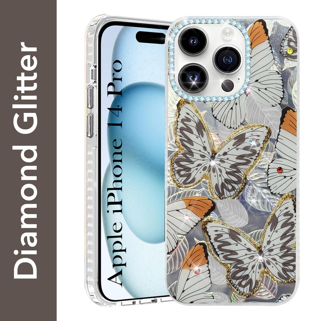 For Apple iPhone 14 Pro Back Cover Case (Luxury Floral Glitter Cute Butterfly | Diamond Studded Camera Bump | Girls & Women Design)