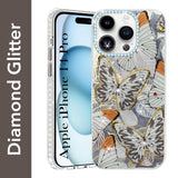 For Apple iPhone 14 Pro Back Cover Case (Luxury Floral Glitter Cute Butterfly | Diamond Studded Camera Bump | Girls & Women Design)