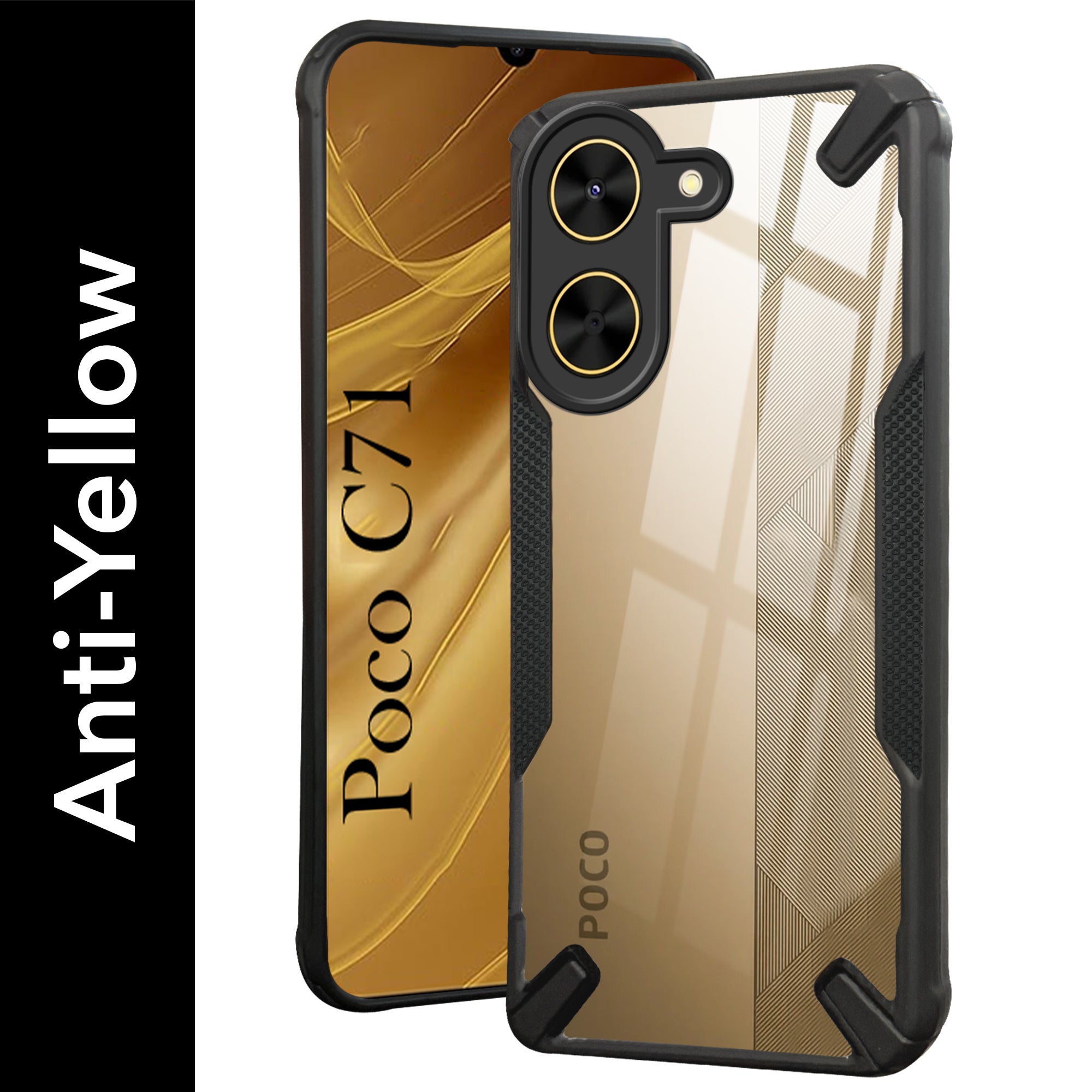 For Poco C71  Back Cover Case (Hybrid Crystal | Ultimate Shockproof Bumpers | Anti Yellow | Rugged Armor | Black )