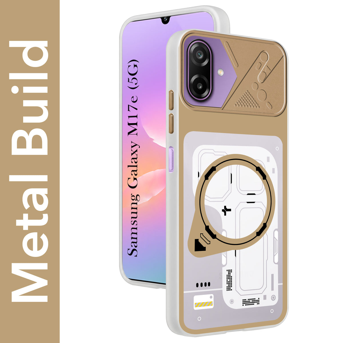 For Samsung Galaxy M17e Metallic Back Cover Case (Metallic Camera Protection & Buttons | Translucent Milky Shade | Hard Polycarbonate)