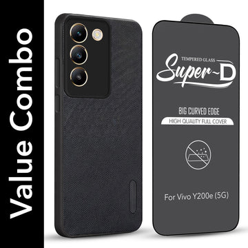 For Vivo Y200e Combo with Back Cover and 9H Tempered Glass (Textured Grip Design | Micro-Fiber Cloth Inside | Oleophobic Coating Screen Glass)