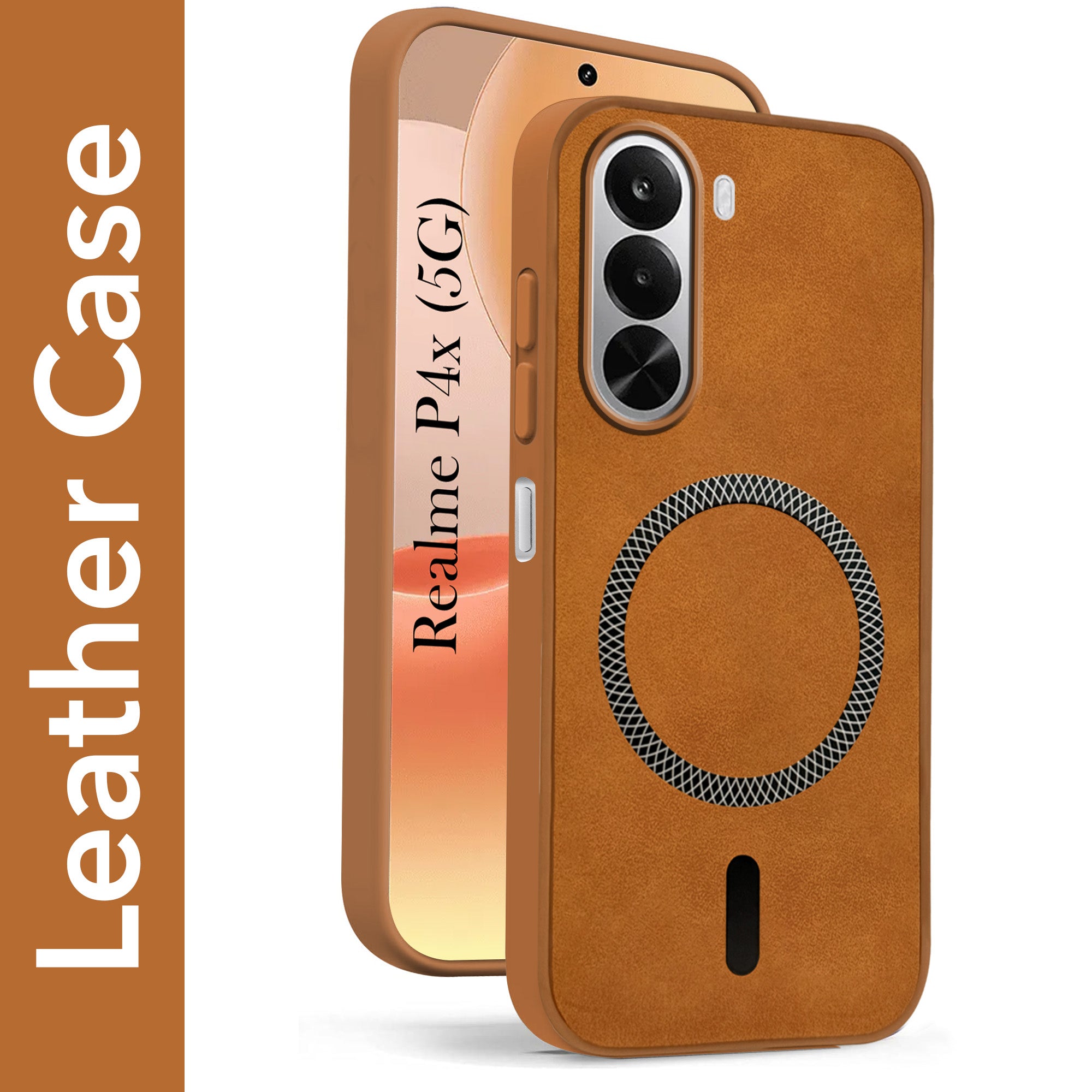For Realme P4x Back Cover Case Leather Finish (MagSafe Compatible Wireless Charging | Soft Touch | Camera Bump Protection)
