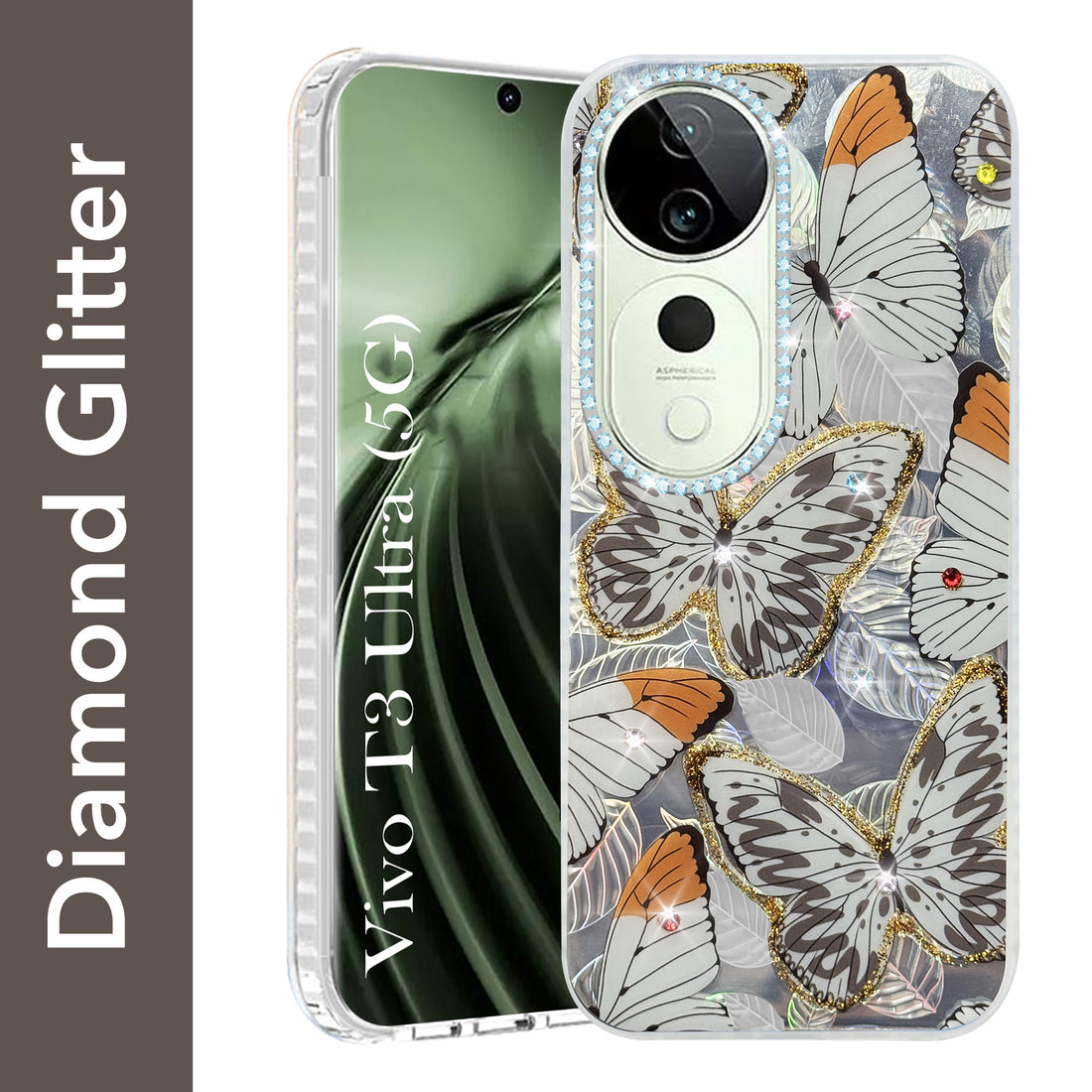 For Vivo T3 Ultra Back Cover Case (Luxury Floral Glitter Cute Butterfly | Diamond Studded Camera Bump | Girls & Women Design)