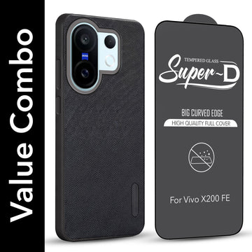 For Vivo X200 FE Combo with Back Cover and 9H Tempered Glass (Textured Grip Design | Micro-Fiber Cloth Inside | Oleophobic Coating Screen Glass)