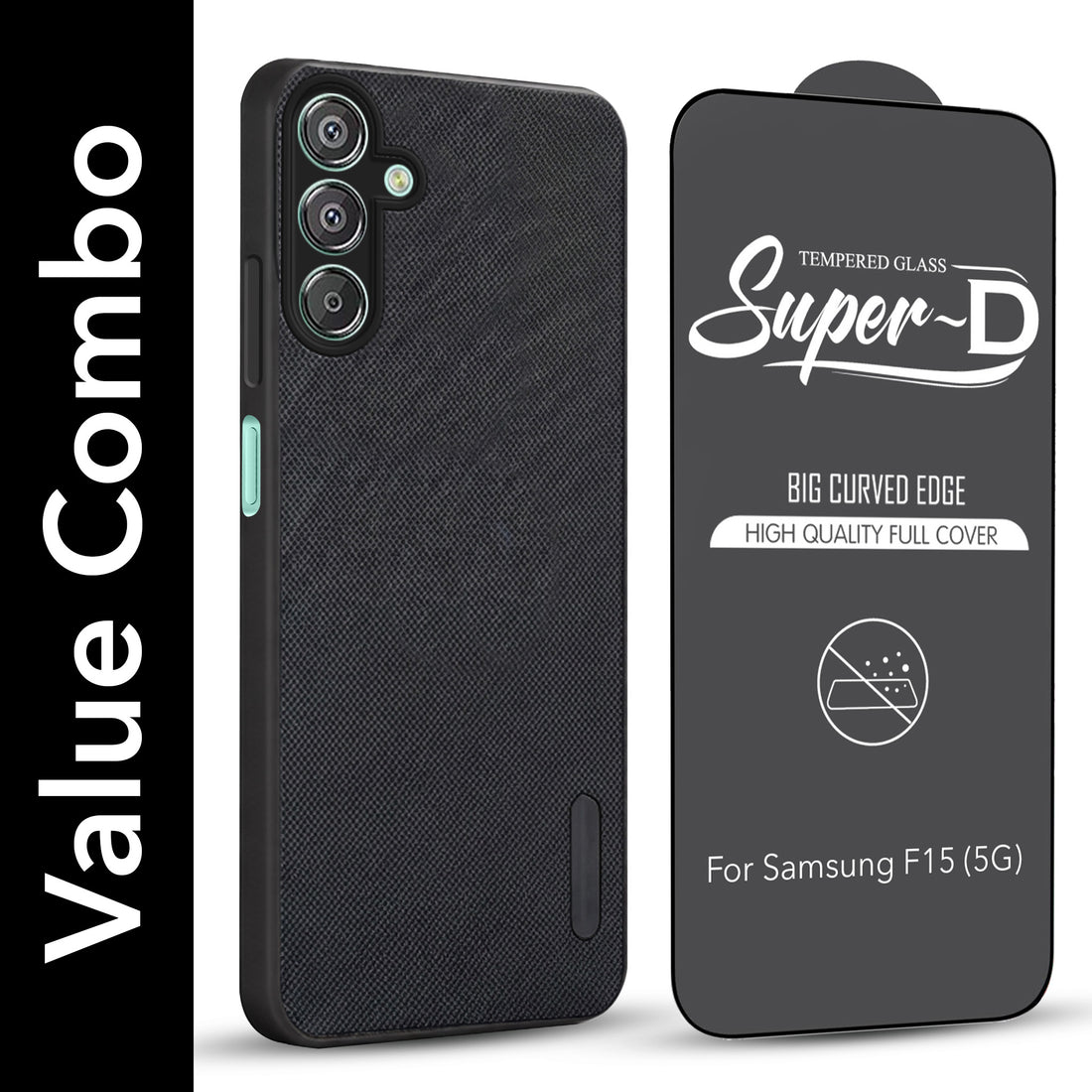 For Samsung Galaxy F15 5G Combo with Back Cover and 9H Tempered Glass (Textured Grip Design | Micro-Fiber Cloth Inside | Oleophobic Coating Screen Glass)