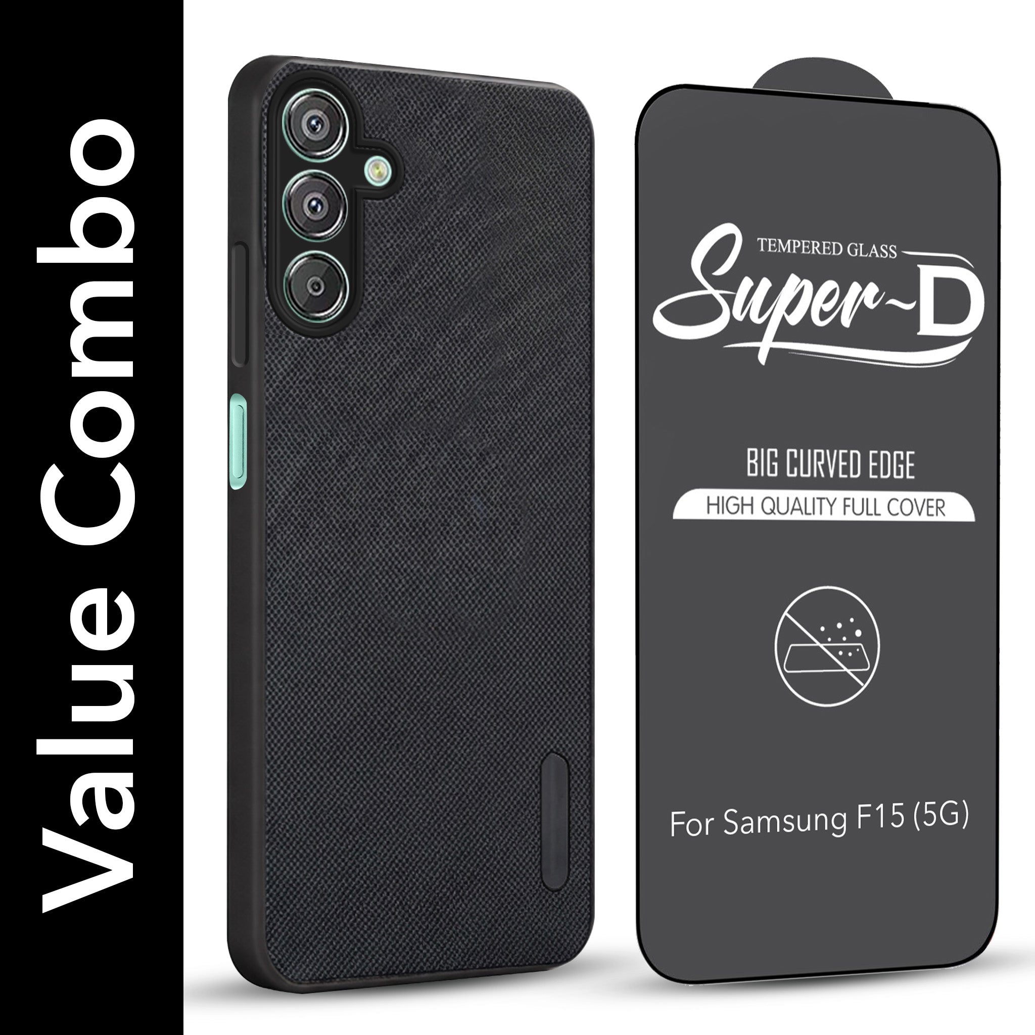 For Samsung Galaxy F15 5G Combo with Back Cover and 9H Tempered Glass (Textured Grip Design | Micro-Fiber Cloth Inside | Oleophobic Coating Screen Glass)