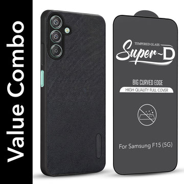 For Samsung Galaxy F15 5G Combo with Back Cover and 9H Tempered Glass (Textured Grip Design | Micro-Fiber Cloth Inside | Oleophobic Coating Screen Glass)