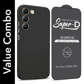 For Vivo Y200e Combo with Back Cover and 9H Tempered Glass (Liquid Silicone | Camera Protection | Oleophobic Coating Screen Glass)