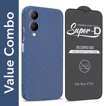 For Vivo Y17s Combo with Back Cover and 9H Tempered Glass (Liquid Silicone | Camera Protection | Oleophobic Coating Screen Glass)