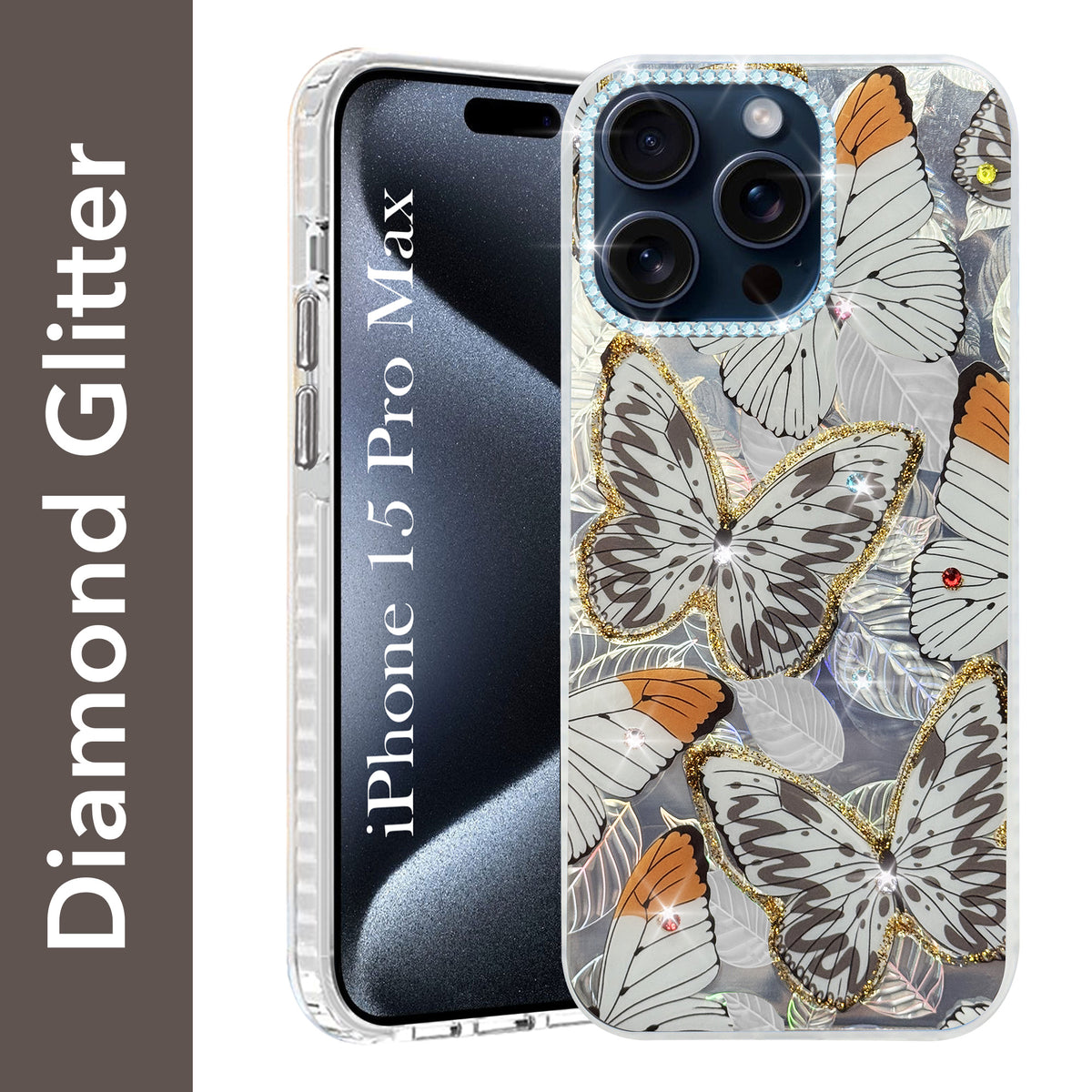 For Apple iPhone 15 Pro Max Back Cover Case (Luxury Floral Glitter Cute Butterfly | Diamond Studded Camera Bump | Girls & Women Design)