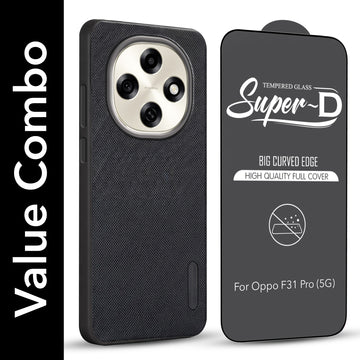 For Oppo F31 Pro Combo with Back Cover and 9H Tempered Glass (Textured Grip Design | Micro-Fiber Cloth Inside | Oleophobic Coating Screen Glass)