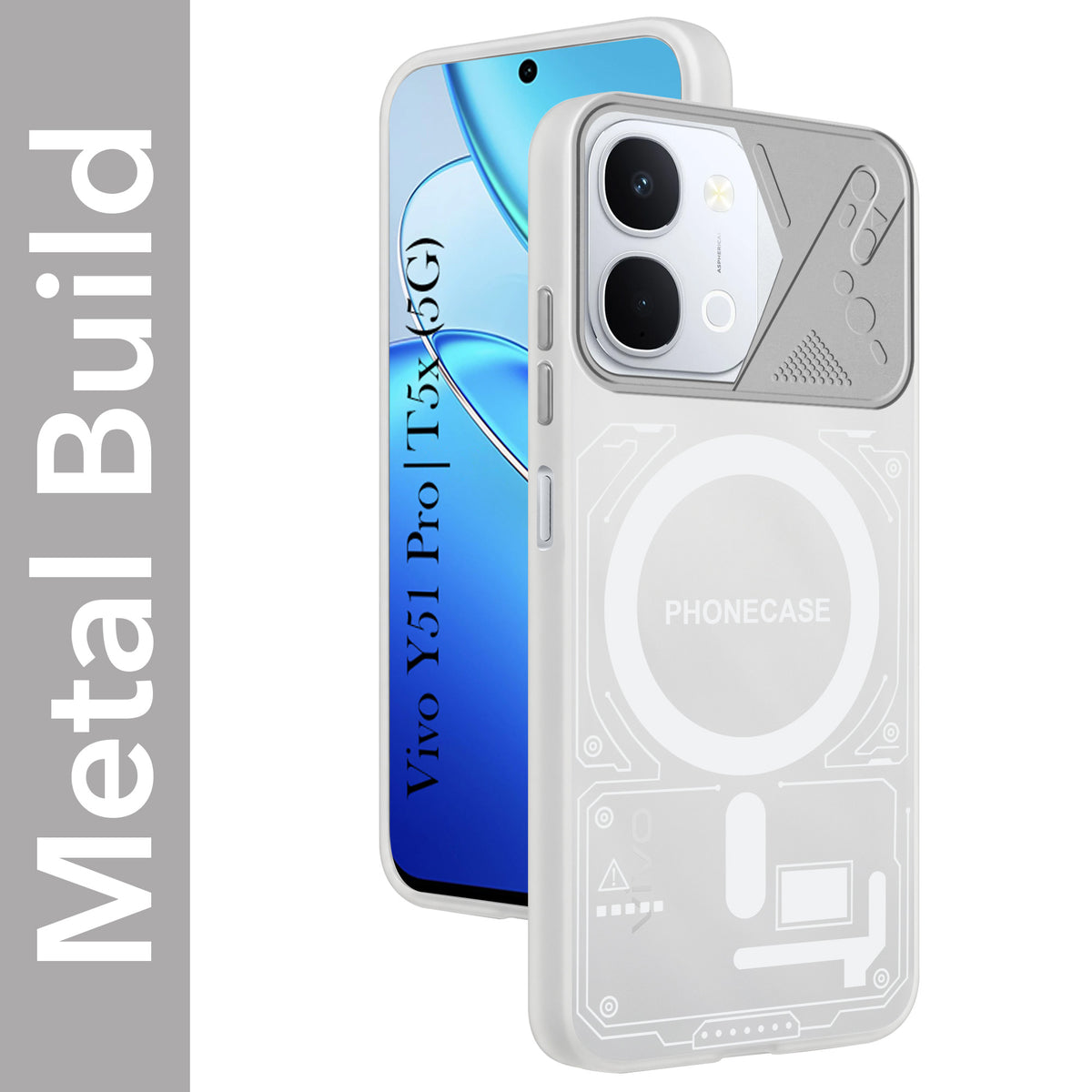 For Vivo Y51 Pro 5G | Vivo T5x Metallic Back Cover Case (Metallic Camera Protection & Buttons | Translucent Milky Shade | Hard Polycarbonate)