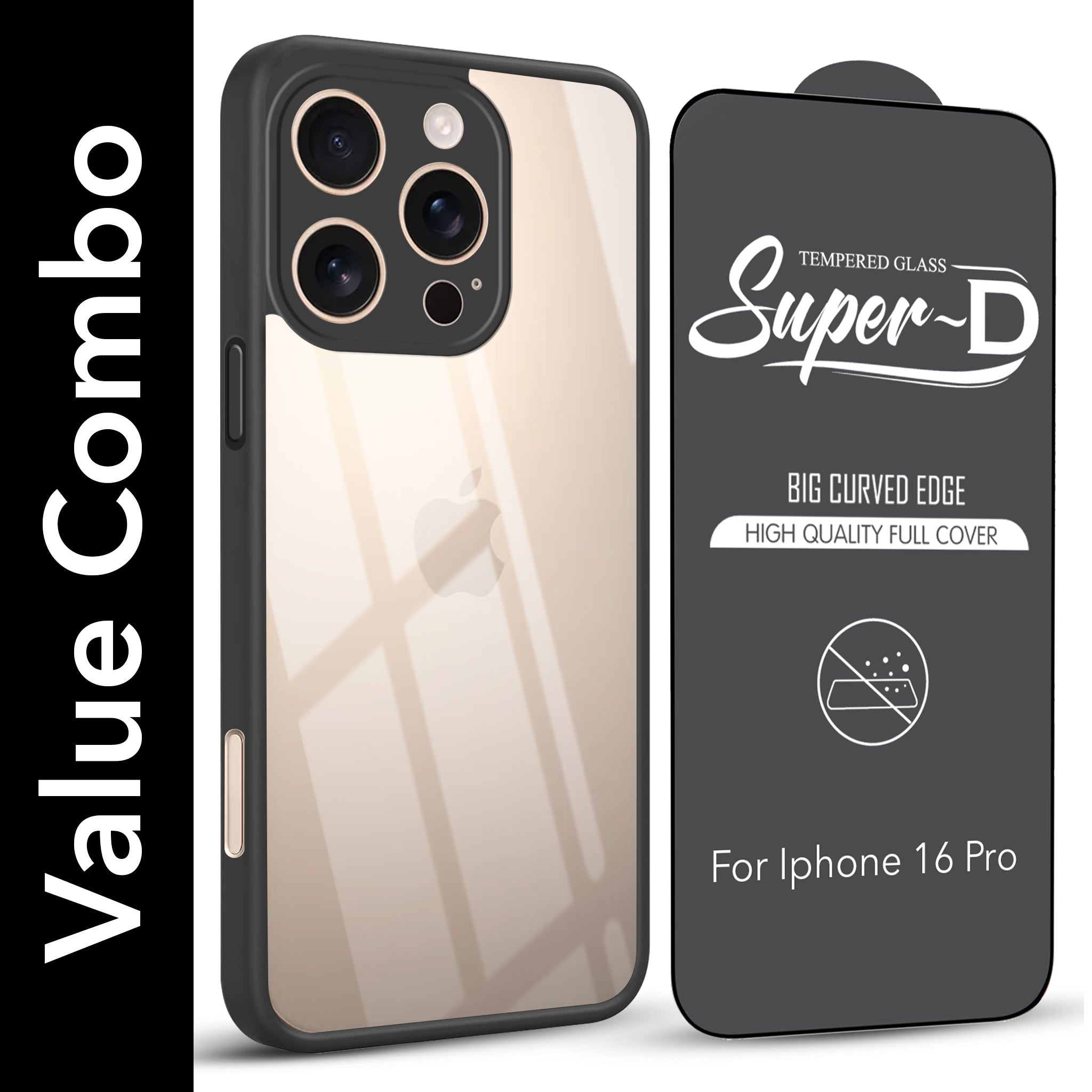 For Apple iPhone 16 Pro Combo with Back Cover and 9H Tempered Glass (Lifetime Anti-Yellow | Crystal Clear Shockproof | Oleophobic Coating Screen Glass)