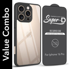 For Apple iPhone 16 Pro Combo with Back Cover and 9H Tempered Glass (Lifetime Anti-Yellow | Crystal Clear Shockproof | Oleophobic Coating Screen Glass)