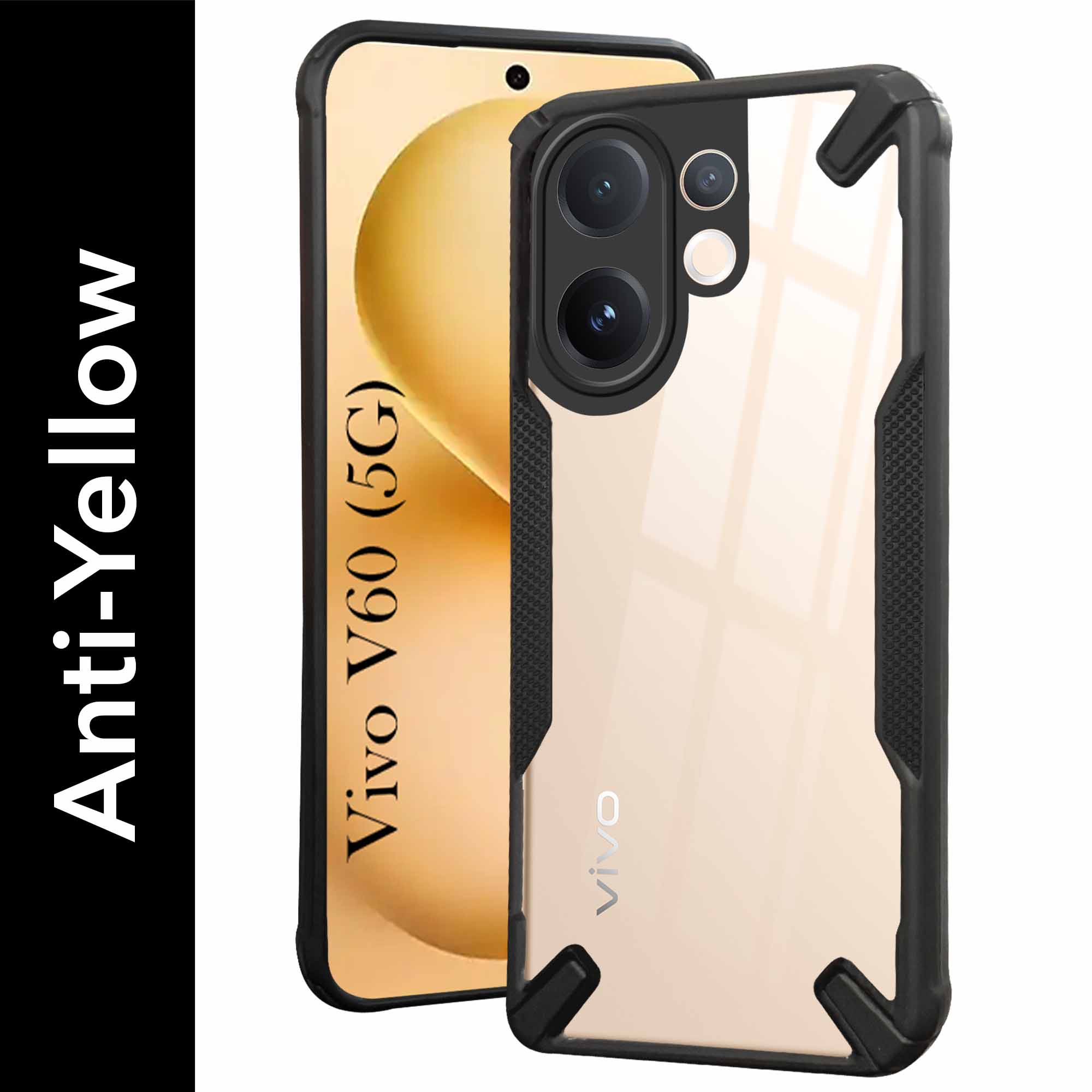 For Vivo V60 | Vivo T4 Pro Back Cover Case (Hybrid Crystal | Ultimate Shockproof Bumpers | Anti Yellow | Rugged Armor | Black )
