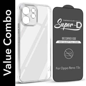 For Oppo Reno 15c Combo with Back Cover and 9H Tempered Glass (Lifetime Anti-Yellow | Sleek Hard Crystal | Oleophobic Coating Screen Glass)