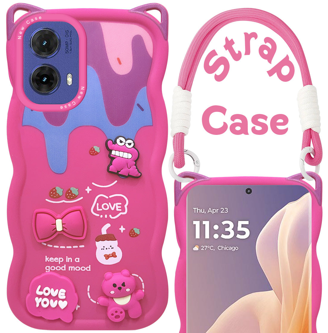 For Motorola Moto G85 5G Back Case Cover Strap(3D embossed Figures | Strap Holder | 360* Soft Cushion with Camera Bump)