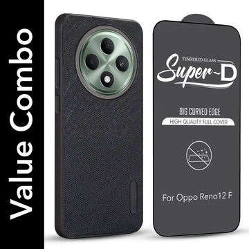 For Oppo Reno 12F Combo with Back Cover and 9H Tempered Glass (Textured Grip Design | Micro-Fiber Cloth Inside | Oleophobic Coating Screen Glass)